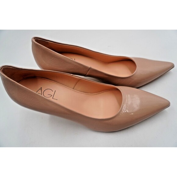 AGL Attilio Isolde Nude Patent Leather Pointed Toe Kitten Heel Pumps Sz 40 NWOT - Picture 8 of 15